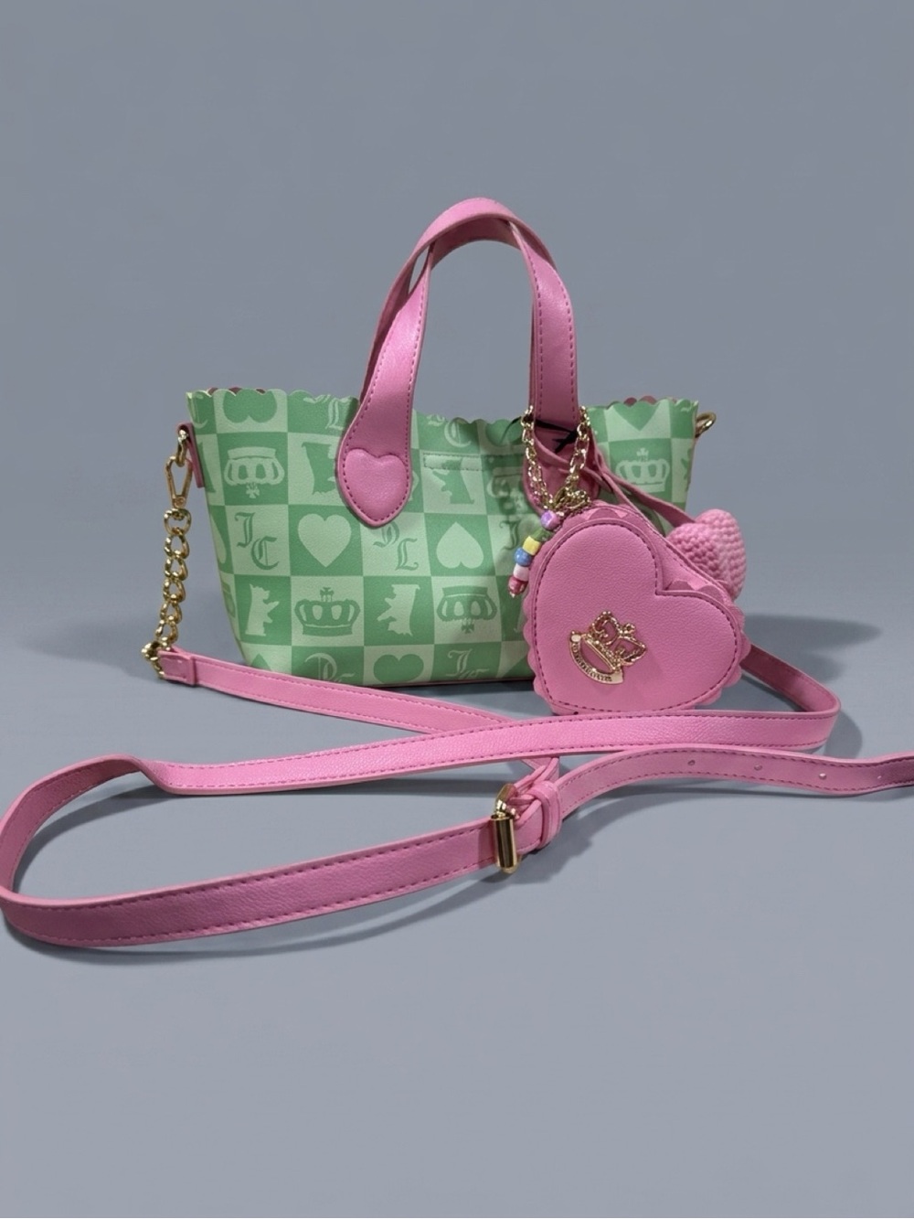 Juicy Couture Pink & Mint Mini Heart Charm Crossbody Tote
